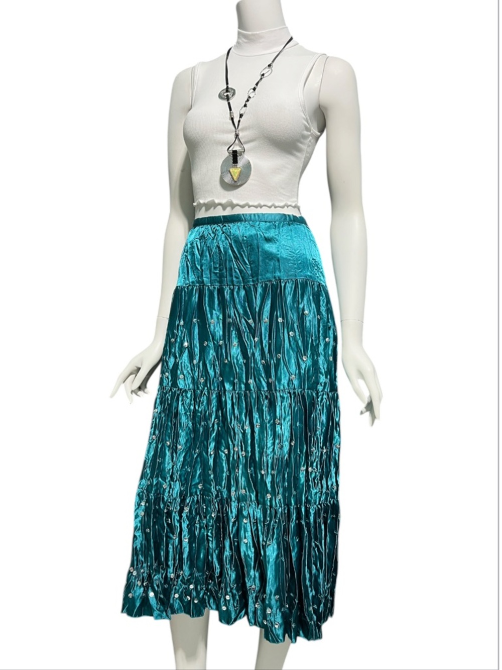 VINTAGE Y2K Avenue Of The Stars Teal Satin Embellished Midi Skirt Whimsigoth MED